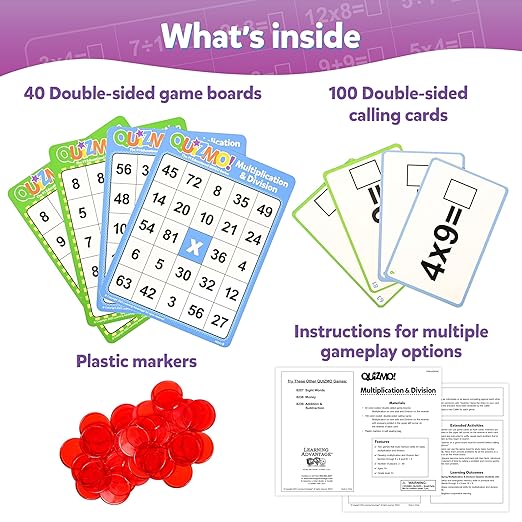 QUIZMO Multiplication & Division - Bingo Style Math Game - 2 Game Modes for Ages 8+ - Teach Basic Mathematics