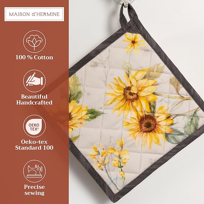 Maison d' Hermine Pot Holders 100% Cotton Heat Resistant Potholders 8" x 8" Hot Pads with Loop BBQ, Cooking, Baking, Grilling, Kitchen, Handling Hot Pans Spring/Summer (Pack of 1, Candice)