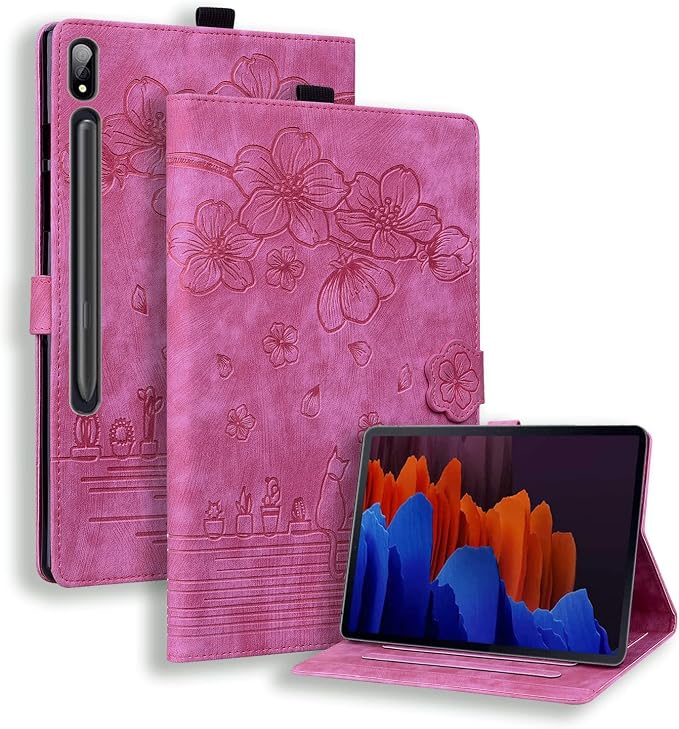 Dteck Case for Samsung Galaxy Tab S9 FE+ Plus 5G Tablet Case 12.4 2023 with Pencil HolderPU Leather Embossed Flower Cat Folio Multi-Angle Viewing Stand Shockproof Protective Tablet 12.4 CoverBlue