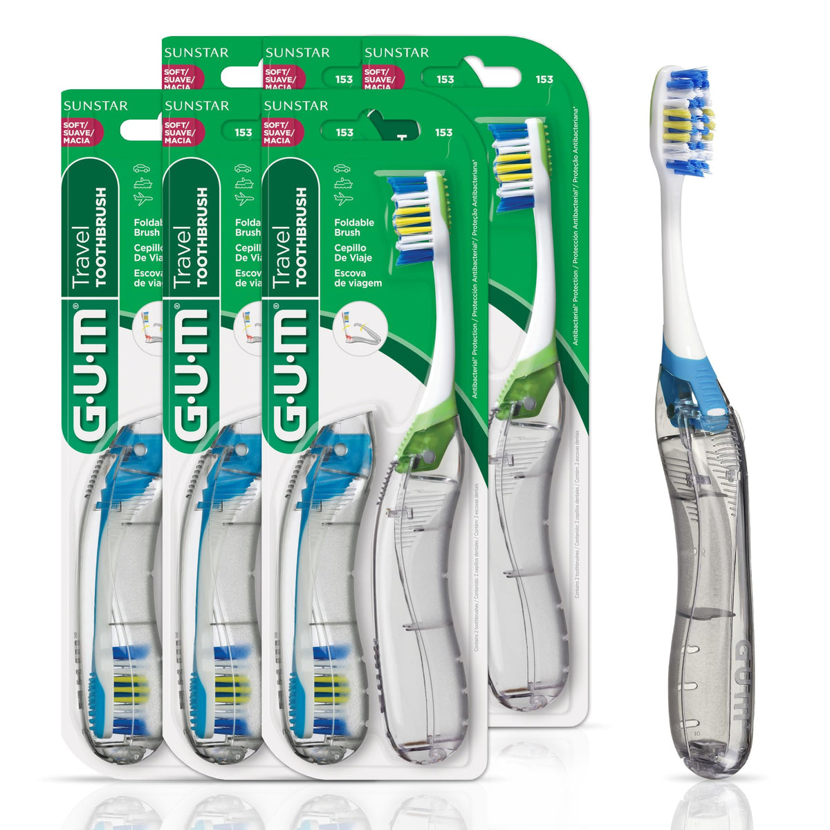 GUM Folding Travel Toothbrush, Compact Head + Tongue Cleaner, Soft Bristled Travel Toothbrushes for Adults, 2ct (Colors may vary)