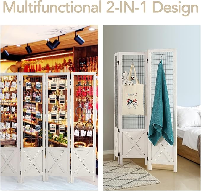 Wnutrees 4 Panel Gridwall Display, Portable Freestanding Display Board for Craft/Art Shows, Retail, Events, Decorative Wood Room Divider Folding Screens, White