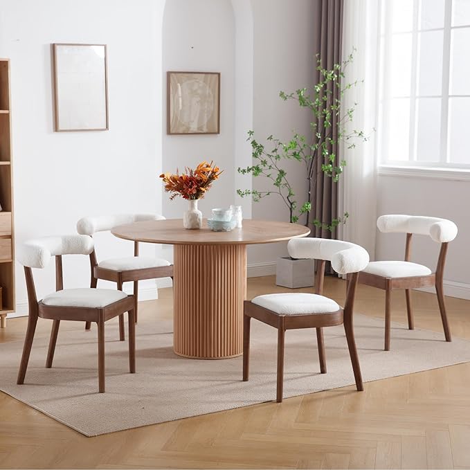 Kmax Dining Room Chairs Mid-Century Modern Sherpa Kitchen Chairs with Natural Walnut Finished Frame, Fur Curved Back, Set of 4, White