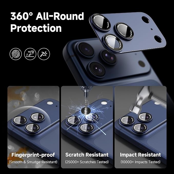 CACOE Metal Camera Lens Protector for iPhone 16Pro/16ProMax/14Pro/14ProMax | 9H Tempered Glass Aluminum Frame HD Clarity Scratch-Resistant Camera Screen Protector Cover Accessories Black