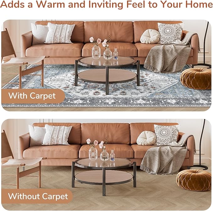 OPPODREAM Thin 6x9 Area Rugs, Washable Rug 6x9 with Non Slip Backing, Faux Cashmere Low-Pile 6 x 9 Carpet, Grey & Teal & Yellow