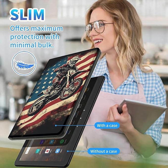 for All-New Kindle Fire HD 10 &amp 10 Plus Tablet (13th/11th Gen 2023/2021 Release) 10.1 + Screen Clean Pad Slim PU Leather Multi-Angle Kickstand Cover with Auto Wake/Sleep Horse with US Flag