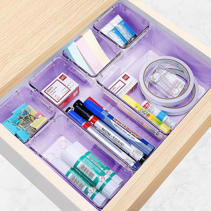 StorMiracle 10 PCS Drawer Organizer Set, 4 Varied Size Bathroom and kitchen Drawer cabinet organizer Trays, Clear Storage Bins for Makeup, Jewelry, Utensils and Gadgets, Purple