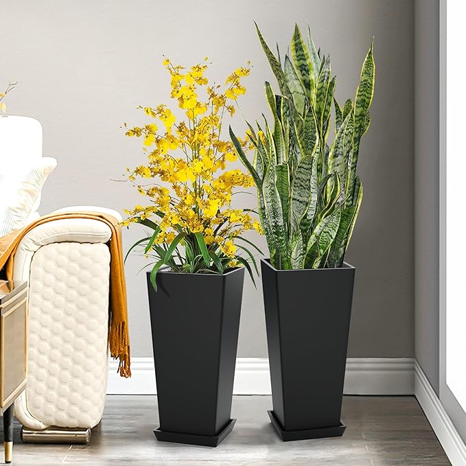 Set of 2 Large Tall Planter for Indoor or Outdoor 24" Flower Pots Tapered Tall Planters with Tray for Porch, Patio, Backyard, Large Planters for Outdoor Indoor Plants(Black)