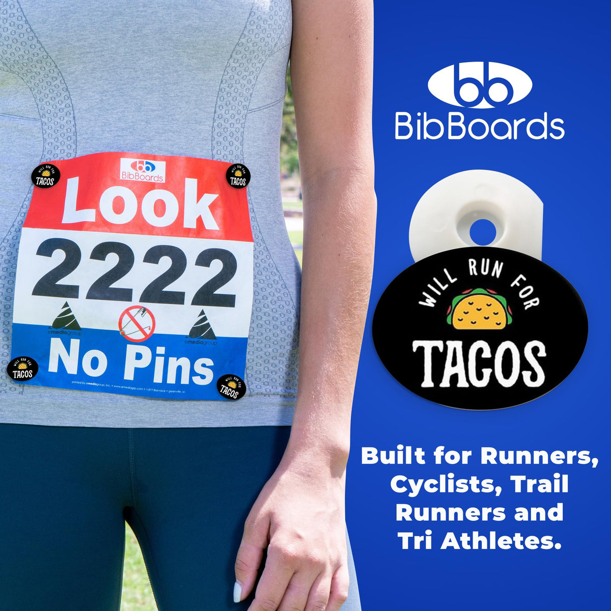BibBoards bibSNAPS Race Bib Clips, Will Run for Tacos, 4 Pack