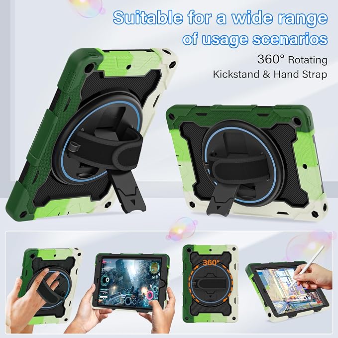 for iPad 9th 8th 7th Gen Case 10.2 inch with Screen Protector | 360° Rotating Kickstand Hand Strap Shoulder Strap Heavy Duty Military Grade - Kids Friendly