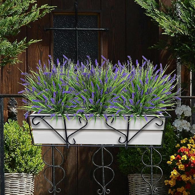 Artificial Fake Outdoor Plants Flowers for Decoration,10 Bundles 16.5" UV Resistant Plastic Tall Realistic Faux Monkey Grass Greenery Stems for Home Outside Planter Window Porch Patio Garden-Purple
