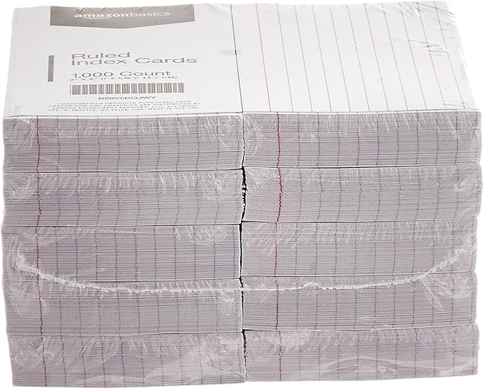 Amazon Basics Ruled Lined Index Cards for Study, Notes and Recipes, White, 3" x 5", 1,000 Count (10 Pack of 100)
