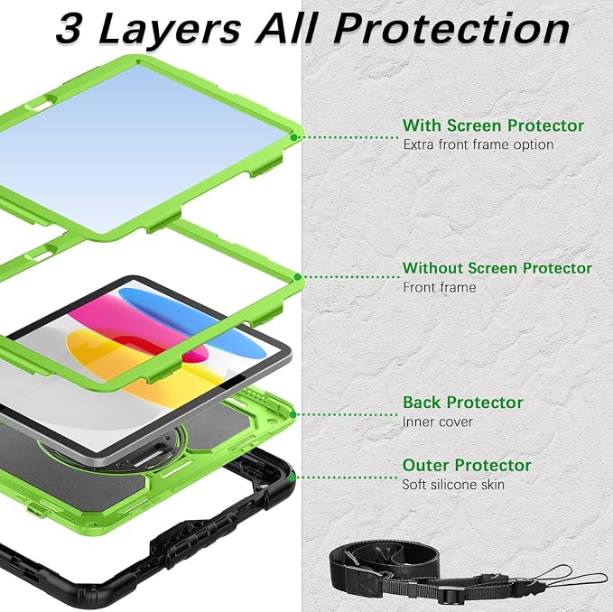 Weuiean Case for iPad A16 11th/10th Generation 11/10.9 Military-Grade Heavy-Duty Shockproof Cover with 360° Rotating Stand Built-in Pencil Holder &amp Adjustable Hand/Shoulder Strap - Black