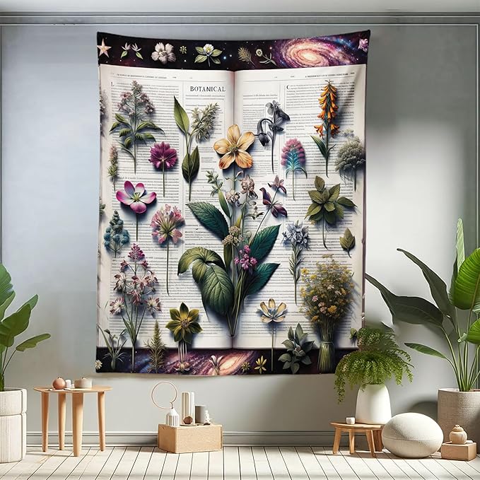 Ambesonne Botanic Tapestry Twin Size, Wildflowers on an Open Vintage Book with Galactic Milky Way Swirls, Wall Hanging Bedspread Bed Cover Wall Decor, 68" X 88", Forest Green and Multicolor