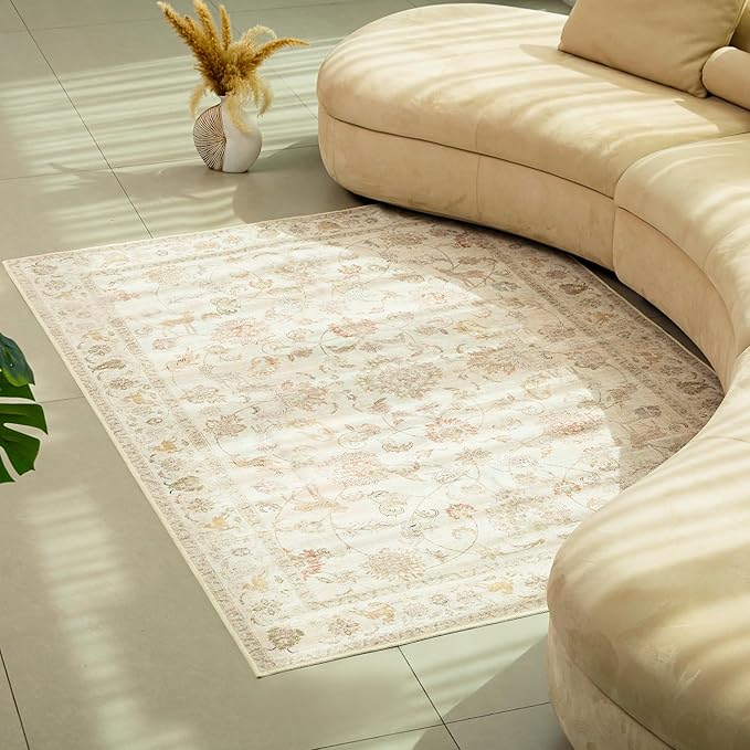 5x7 Soft Washable Area Rugs for Living Room and Bedroom, Non-Slip Stain Resistant Indoor Carpet, Cozy Floor Mat for Dining Room, Office, Under TableStain Resistant Persian Beige Floral