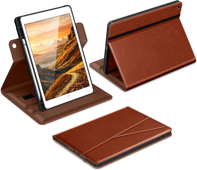 DTTO for iPad 9th/8th/7th Gen Case 10.2 Inch (2021/2020/2019) Brown | 360 Degree Rotating Premium Faux Leather Folio Stand Cover with Pencil Holder Auto Sleep/Wake Multiple Angles Hand Strap