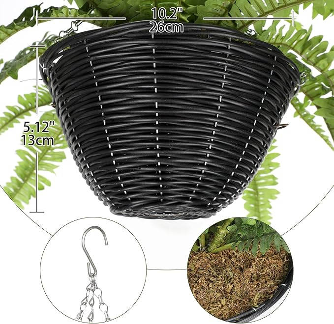 Hollyone 33" Artificial Boston Fern Hanging Basket Large 39 Leaves Fake Ferns in Rattan Pot Greenery Plants for Outdoors & Indoor Faux Fern Bush Basket Plant Patio Garden Home Decor Dusty Green