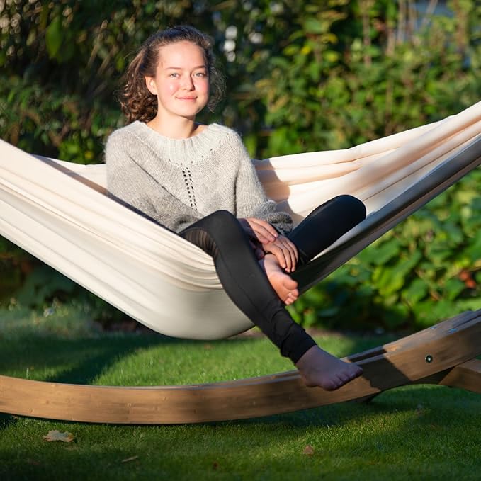 LA SIESTA® - XL King Brisa Classic Hammock & Elipso Stand - Larch Wood Hammock Stand - Weather & Tear Resistant - Backyard Outdoor Hammock with Stand - Family Hammock and Stand - Max 440 Lbs, Vanilla