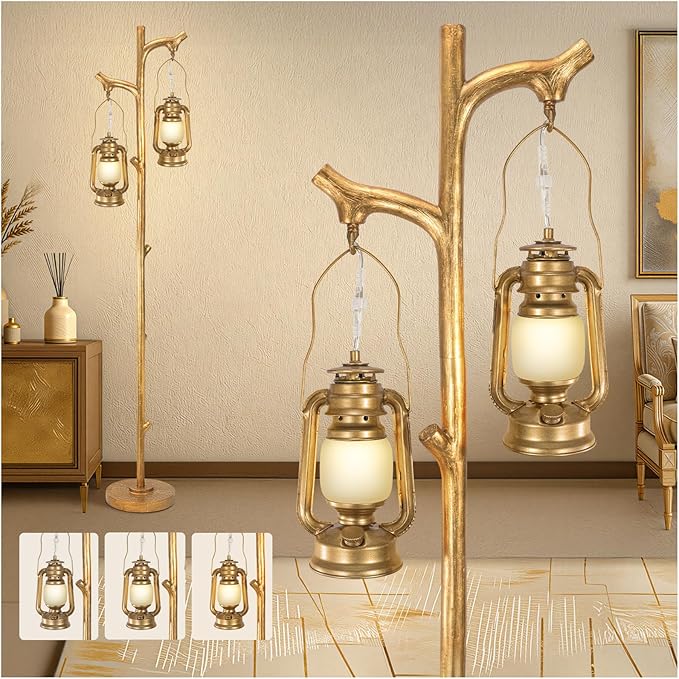 Scenekoy 68” Tall Floor Lamp with Lanterns, Gold Standing Lamp Tree Trunk Finish, Dimmable Resin Corner Lamp Stand Up Light with Bulb Prefer for Modern Living Room Bedroom Home Decor (Bulbs Included)