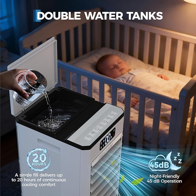 Portable Evaporative Air Cooler, 1.84Gal Touch Screen Cooler Fan with Remote Control, 3 Speeds 3 Modes LED Display, Ice Packs & Rolling Casters Included, Quiet 3-in-1 Cooling for Bedroom Home Office