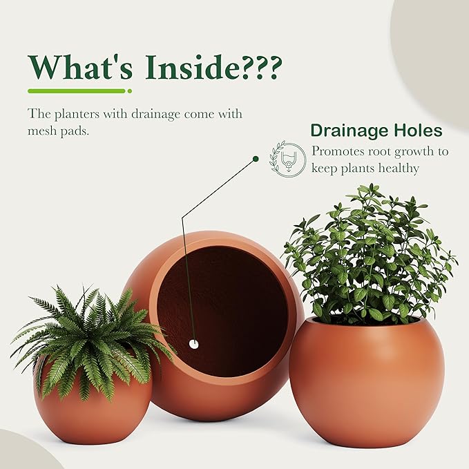 DTY Signature Mount Sherman Modern Indoor Outdoor Fiberstone Sphere Planter, Durable Round Garden Pot, Weather Resistant, Drainage Hole & Rubber Plug, Planter for Christmas Tree - Small, Terracotta