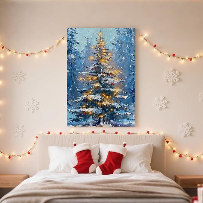 Framed Christmas Pictures Wall Decor,Vintage Pine Tree Prints,Winter Christmas Canvas Wall Art Decoration for Bedroom Bathroom Living Room Rustic Xmas Holiday Gifts (Christmas Tree 1, 16'' X 24'')