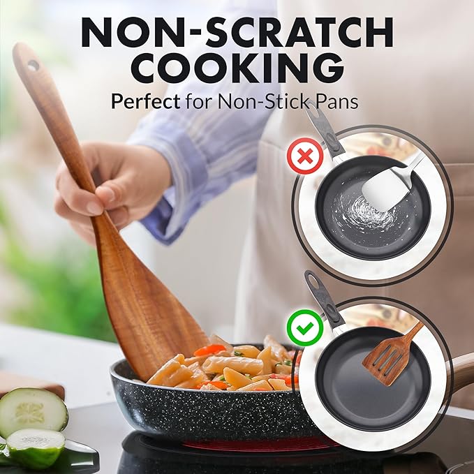 Zulay Kitchen Extra-Large 6-Piece Wooden Spoon Set - Smooth Teak Cooking Utensils - Comfort-Grip Non-Stick Turner, Spatula, Skimmer, Fork, Serving Spoon
