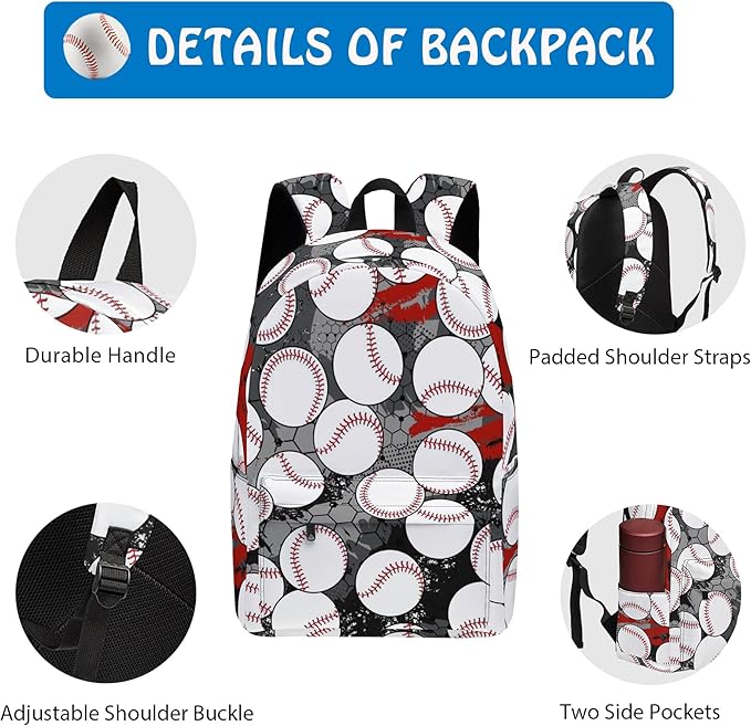 Baseball 3PCS Backpack for Boys Girls, Kids Back to School Backpack Sets with Lunch Bag Pencil Case, 17 Inch Lightweight Bookpack 3 in 1 Set for Teens Elementary Middle High School Students