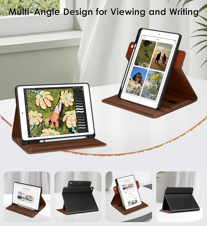 DTTO for iPad 9th/8th/7th Gen Case 10.2 Inch (2021/2020/2019) Brown | 360 Degree Rotating Premium Faux Leather Folio Stand Cover with Pencil Holder Auto Sleep/Wake Multiple Angles Hand Strap