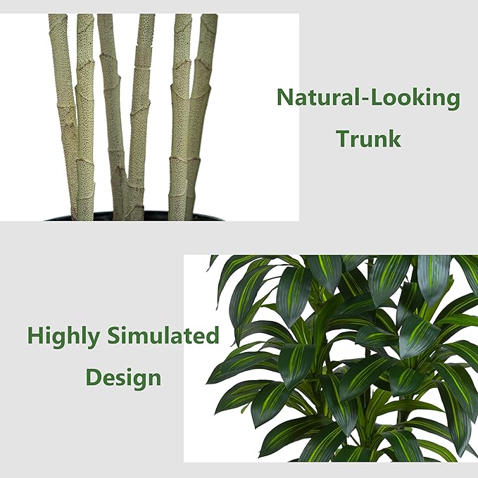 Artificial Dracaena Plant Indoor Fake Tree, Tall Fake Floor Plants with White Planter, Artificial Yucca Tree for Home Office Living Room Bedroom Farmhouse Modern Outdoor Topiary Tree (6 Trunks 5FT)