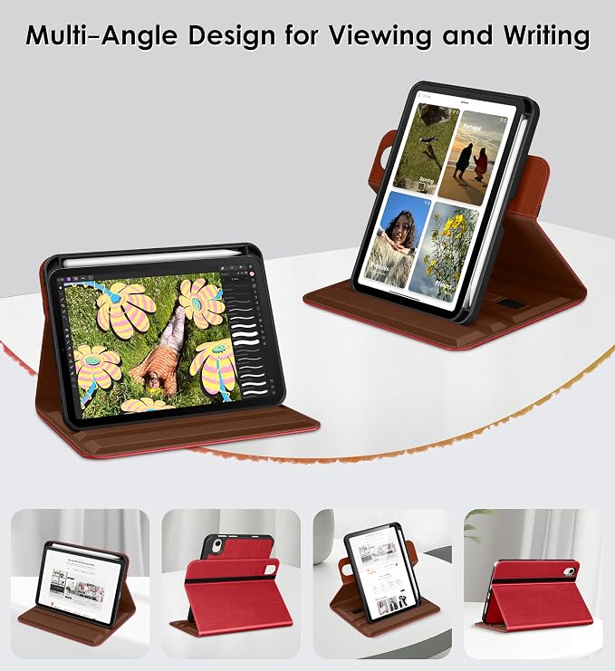 DTTO for iPad mini 7 A17 Pro 2024 aslo fit iPad mini 6 2021 Brown | 360 Degree Rotating Premium Faux Leather Folio Stand Cover with Pencil Holder Auto Sleep/Wake Multiple Angles Hand Strap