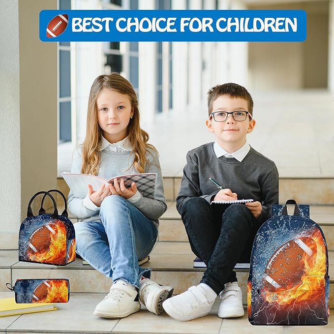 3PCS Backpack for Boys Girls, Kids Football Back to School Backpack Sets with Lunch Bag Pencil Case, 17 Inch Lightweight Bookpack 3 in 1 Set for Teens Elementary Middle High School Students