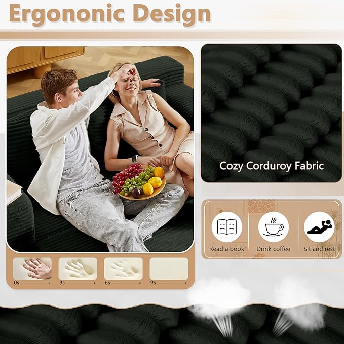Cloud Loveseat Sofa, Modern Corduroy 2-Seater Couch with Deep Seat, No Assembly Required Memory Foam Sofa, Boneless Sofa in a Box for Bedroom, Apartment, Office,Small Space (Dark Grey,70.87in)