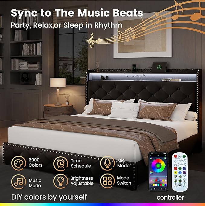LARMACE King Size Bed Frame with 4 Storage Drawers Velvet Upholstered Tufted Bed Frame King Platform with LED Lights&USB Type-C Charging Station,Heavy Duty/No Box Spring Needed, Easy Assembly,Black