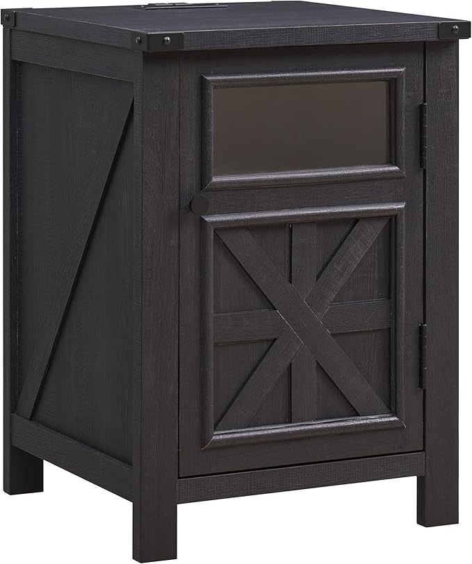 ACCOHOHO Farmhouse End Table with Charging Station,18'' Sofa Side Table,Nightstand with Barn Door,Bedside Table with Adjustable Shelf for Living Room, Bedroom, Office (Black)