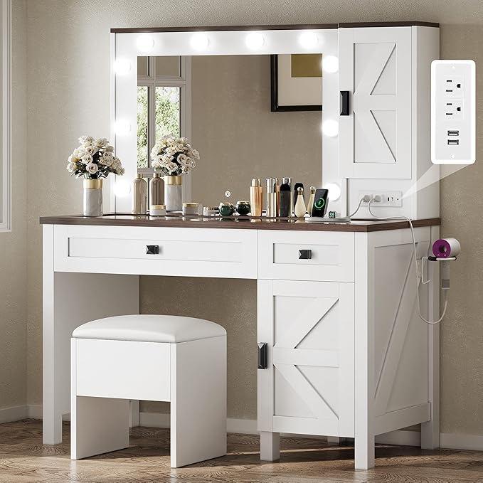 DWVO Farmhouse Vanity Desk with Light and Hollywood Makeup Mirror, Large Storage Space Vanity Set with 2 Drawers & 2 Cabinets, Dressing Table for Bedroom, Stool Included, White