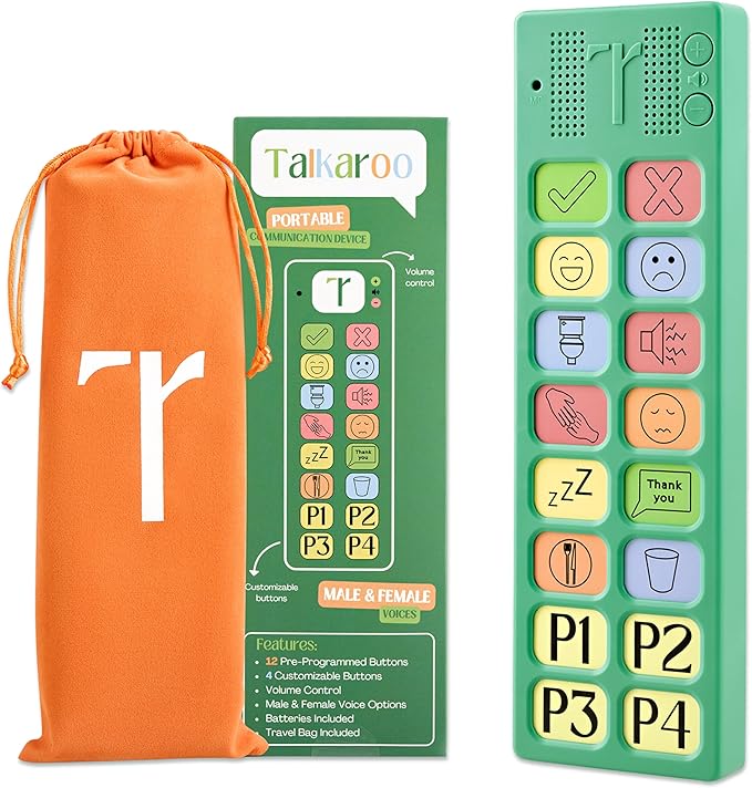 Talkaroo AAC Device for Autism - AAC Communication Device for Nonverbal Kids and Adults - 4 Programmable and 12 Pre Set Iconic Buttons with Adjustable Volume - Used in Classrooms for Speech Therapy
