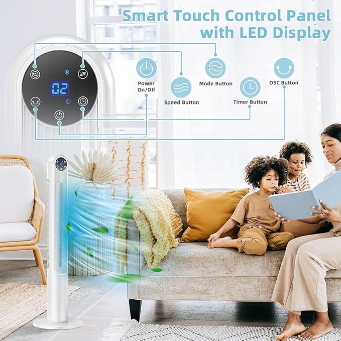 GOFLAME Tower Fan with Remote Control, 42" 80° Oscillating Quiet Cooling Fan with 3 Wind Modes, LED Control Panel and 12H Timer, Portable Bladeless Standing Fan for Bedroom Living Room Office (White)