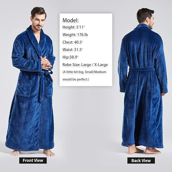 FashGudim Mens Robes Big and Tall Full Length Plush Fleece Long Robe for Men Bathrobe Shawl Collar Warm Winter House Robes