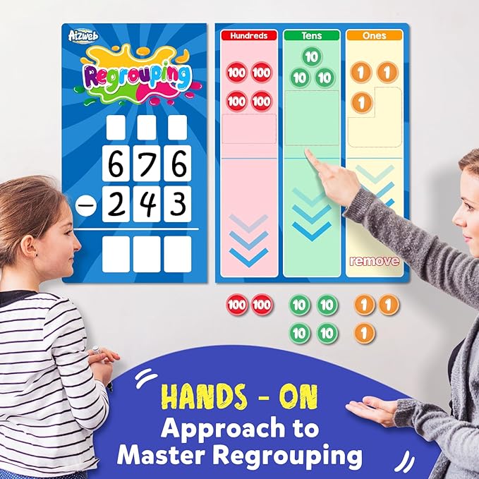 Aizweb Magnetic Regrouping Base Ten Place Value Chart,Addition and Subtraction Math Manipulatives,Dry Erase Board for 1st 2nd 3rd Grade Classroom Must Haves,Hands On Regrouping Math Games for Kids