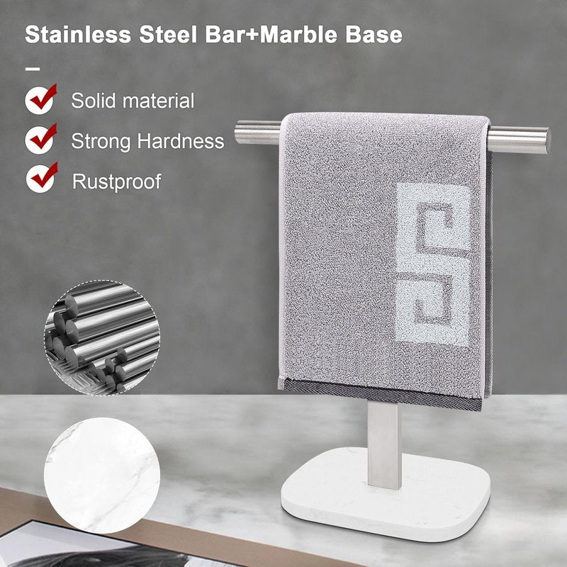 NearMoon T-Shape Hand Towel Holder-Bath Towel Rack-Standing with Balanced Base Towel Bar for Bathroom Kitchen Vanity Countertop, Modern Stand Towel Ring with Marble Base (14 Inch, Brushed Nickel)