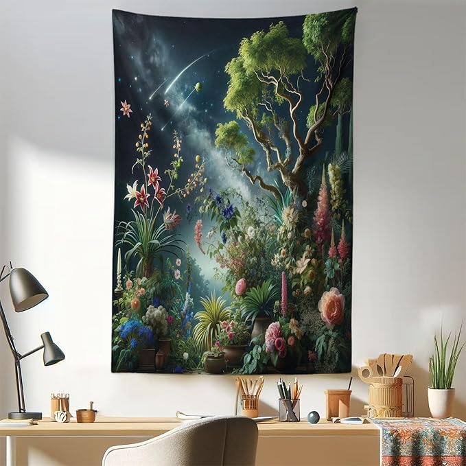 Ambesonne Aesthetic Tapestry, Exotic Forest of Twilight with Trees Bushes and Flowers Falling Stars, Fabric Wall Hanging Decor for Bedroom Living Room Dorm, 30" X 45", Green Dark Night Blue