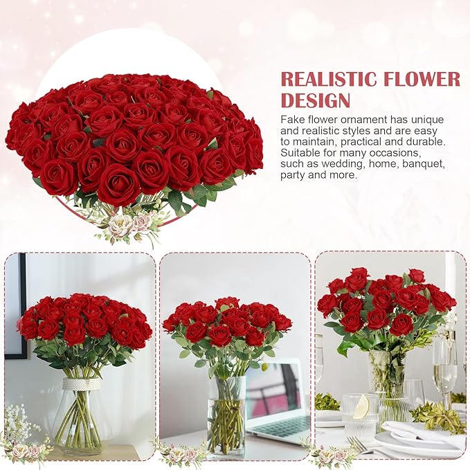 60 Pcs Artificial Roses Bulk Velvet Silk Roses Red Rose Flowers for Wedding Centerpieces Bridal Bouquet Mohter's Day Valentine's Day Christmas Home Decor (60, Red)