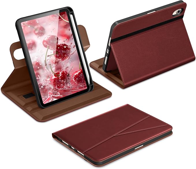 DTTO for iPad mini 7 A17 Pro 2024 aslo fit iPad mini 6 2021 Brown | 360 Degree Rotating Premium Faux Leather Folio Stand Cover with Pencil Holder Auto Sleep/Wake Multiple Angles Hand Strap