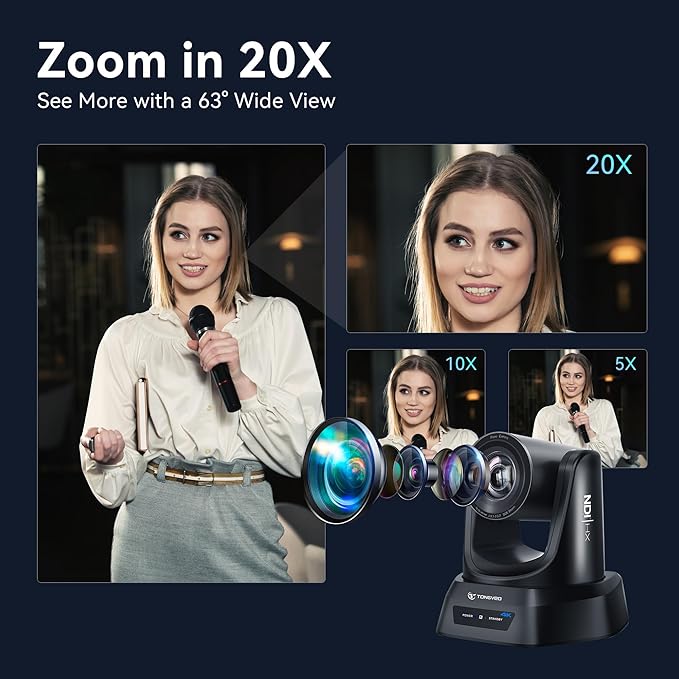TONGVEO 4K NDI PTZ Camera AI Auto-Tracking 20X Optical Zoom HDMI IP Live Streaming SDI USB3.0 PoE LAN Supports for Church Worship Event Video Conference YouTube OBS vMix Zoom Teams and More