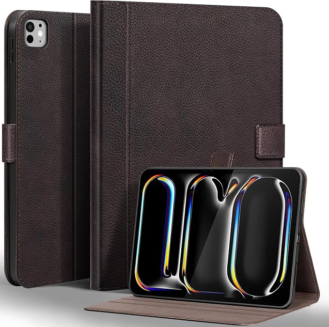 Gexmil Leather Case for iPad Pro 13 Inch M5/M4 2025/2024Crocodile Brown | Genuine Leather Cover with Magnetic ClosureSmart Folio Auto Sleep/WakeProtective ShockproofAdjustable Stand