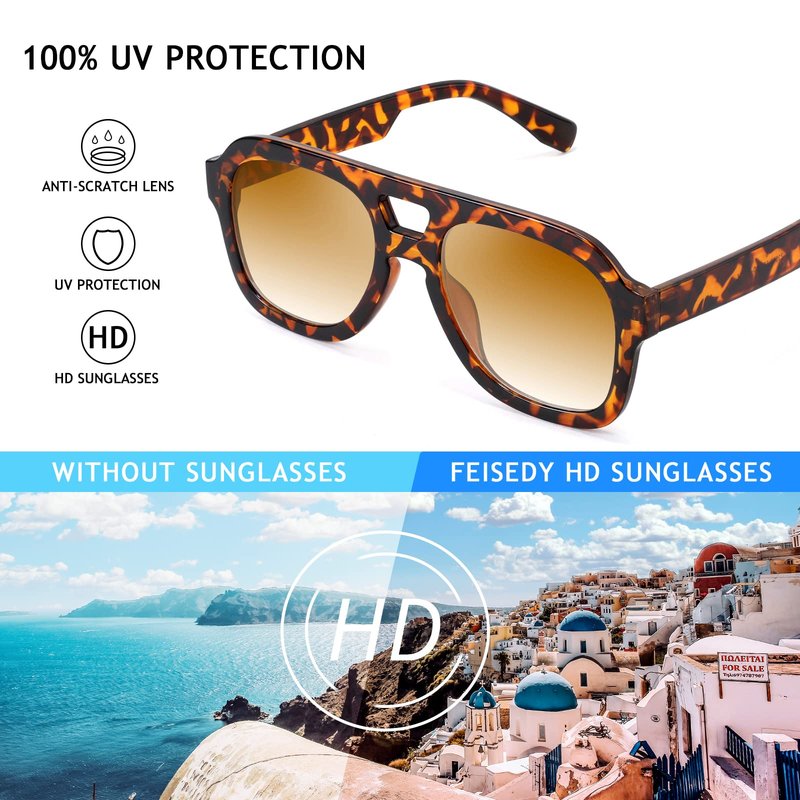 FEISEDY Vintage Pilot Sunglasses Double Bridge Women Men Large Square Thick Frame Trendy Eyewear UV400 B2846