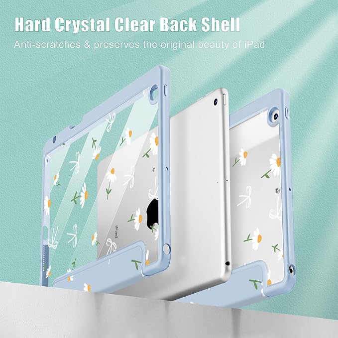 Case for iPad 9th/8th/7th Generation 10.2-Inch (2021/2020/2019 Release) with [Built-in Pencil Holder] Shockproof Cover with Clear Transparent Back Shell &amp Auto Wake/Sleep - Blue Bows