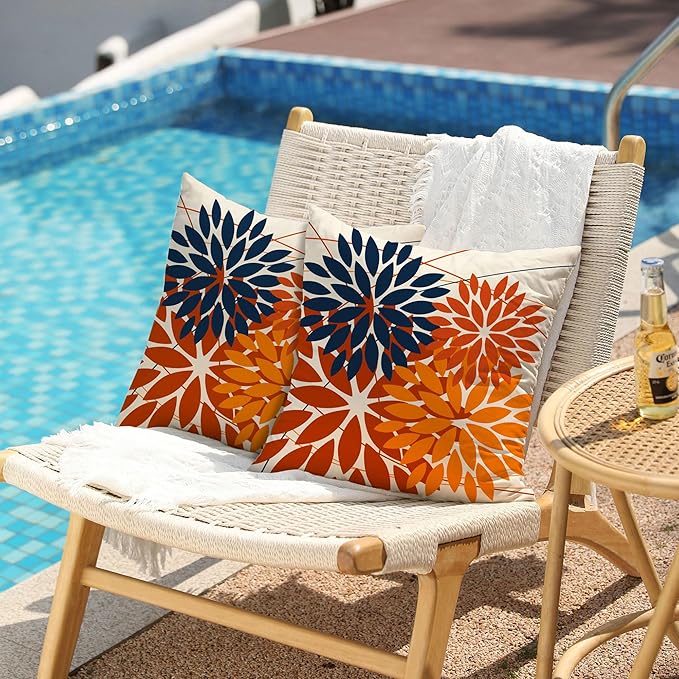 DFXSZ Outdoor Pillow Covers 18x18 Inch Set of 2 Blue Orange Flower Decorative Waterproof Summer Outdoor Fall Pillow Covers for Patio Funiture Garden Couch 168N18