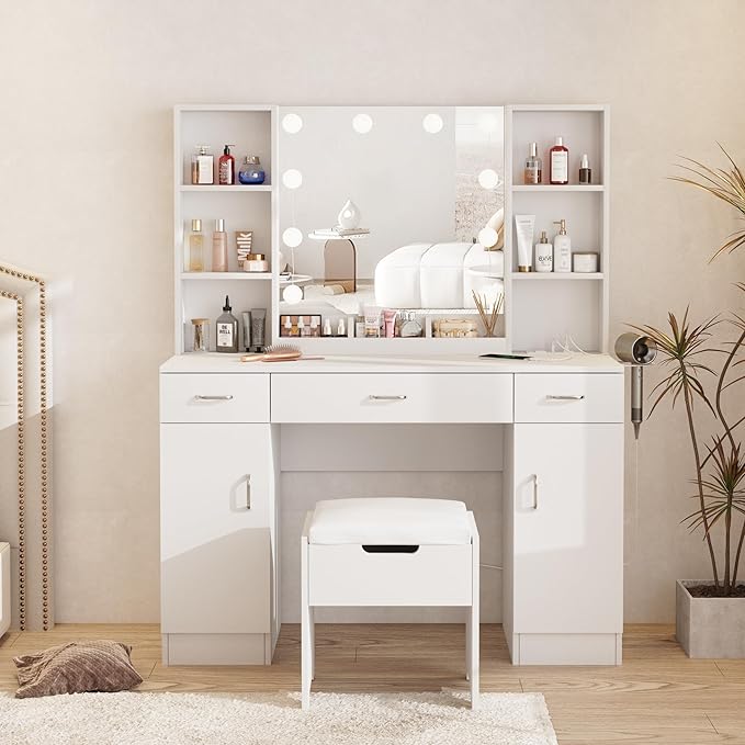 Makeup Vanity Table with Lighted Mirror & Outlets, Large Vanity Set Vanity Desk with Lots Storage, 3 Lighting Modes, Brightness Adjustable, 45inch