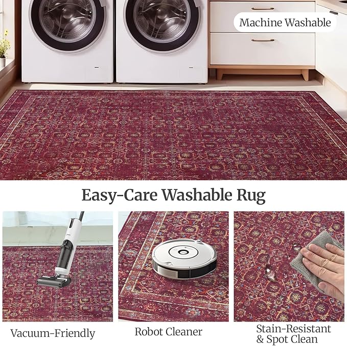 3x5 Soft Washable Area Rugs for Living Room and Bedroom, Non-Slip Stain Resistant Indoor Carpet, Cozy Floor Mat for Dining Room, Office, Stain Resistant Entryway Persian red Floral